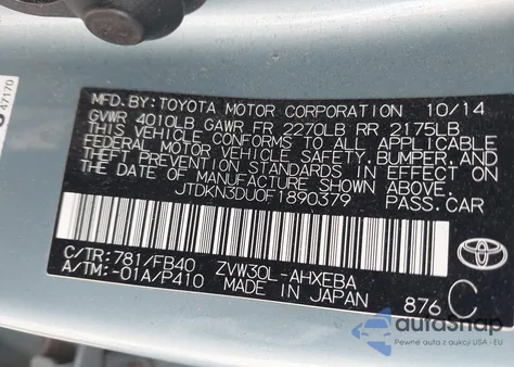 2015 Toyota Prius Two from USA, damaged, VIN JTDKN3DU0F1890379